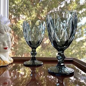 Vintage Smoky Blue Gray Cut Glass Goblets Crystal Stemware